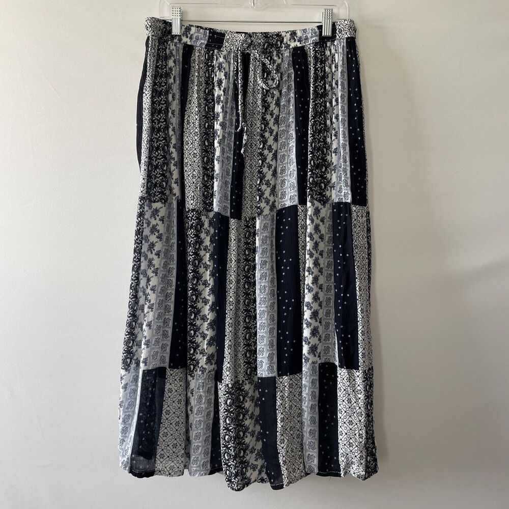 Gypsie Blu Women's Midi Skirt Patchwork Print Blue White Rayon Size L